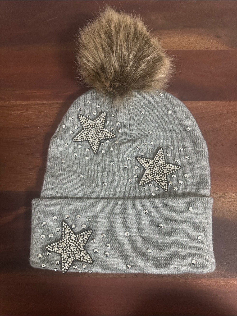 Gray Knit Pom hat with Star Rhinestones